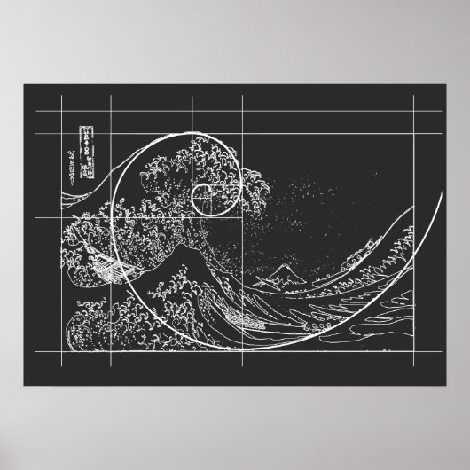 Poster Hokusai Meets Fibonacci linear black and white (Devant)