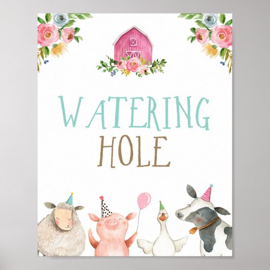 Poster Hole d'eau ferme Animaux Fille Anniversaire rose (Devant)