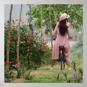 Poster holiday, young asian girl in dress on the bike