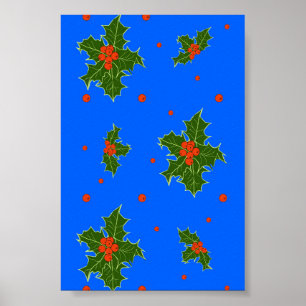 Poster Holly (Ilex) Motif de Noël sur Arrière - plan bleu