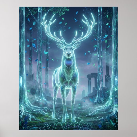 Poster Hologramme Cerf Forêt Électrique (Devant)