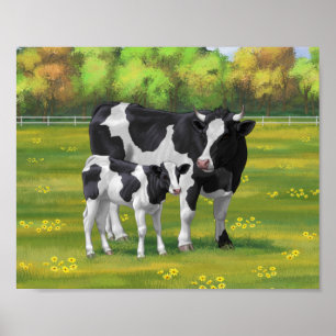 Poster Holstein Cow & Cute Calf in Summer Pasture