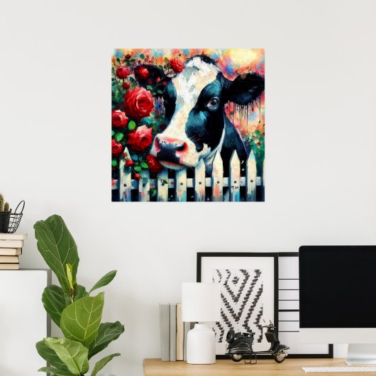 Poster Holstein Picket de vache clôture Roses rouges Noir (Bureau à domicile)