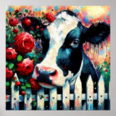 Poster Holstein Picket de vache clôture Roses rouges Noir (Devant)