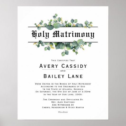 Poster Holy Matrimony ♥ Certificat Mariage (Devant)
