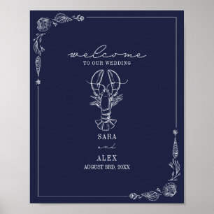 Poster Homard rustique Bleu foncé Plage Mariage Bienvenue