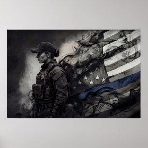 Poster Hommage à la police féminine Drapeau américain Blu