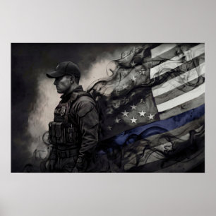 Poster Hommage à un policier Drapeau américain Blue Line