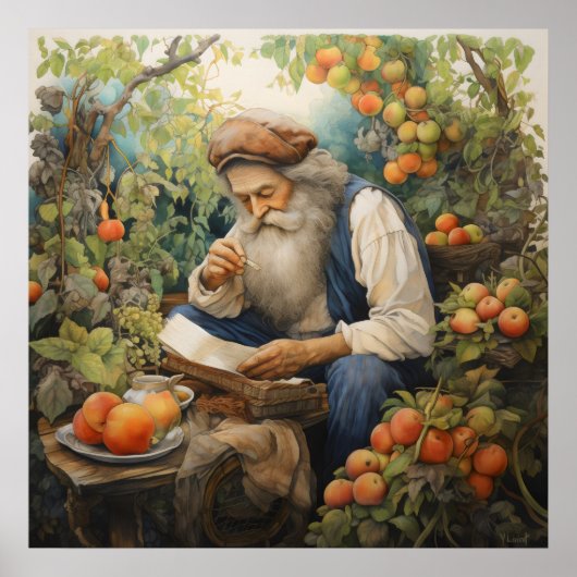 Poster Homme avec barbe grise lecture dans son jardin de (Devant)
