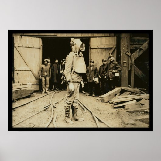Poster Homme avec casque d'oxygène à une mine de charbon (Devant)