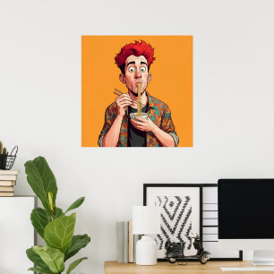 Poster Homme drôle unique Manger ses nouilles heureux Ora