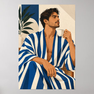 Poster Homme élégant avec café bleu rayé A moderne de mur