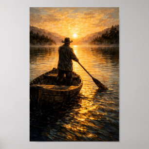 Poster Homme en barque paysage de coucher de soleil peint