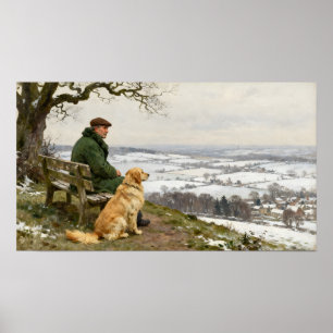 Poster Homme et chien profitant de la vue sur la campagne