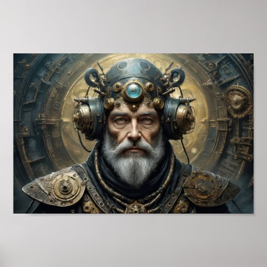 Poster Homme futuriste, armure steampunk et casque psyché (Devant)