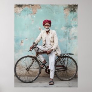 Poster Homme indien âgé traditionnel Vélo Vintage