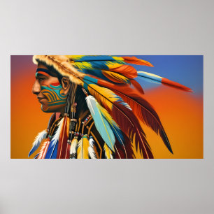 Poster Homme Indien d'Amérique plumes Tatouage orange ble