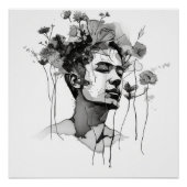 Poster Homme noir ligne blanche Art avec Fleur (Devant)