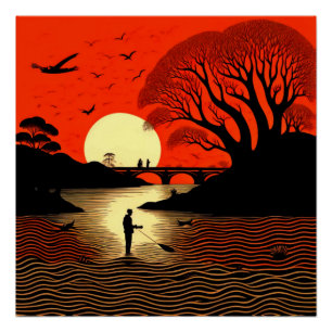 Poster Homme pêchant au coucher du soleil