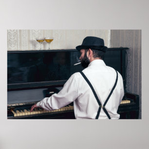Poster Homme rétro jouant du piano et fumant