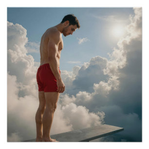 Poster Homme sur un plongeoir dans les nuages