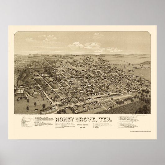 Poster Honey Grove, TX Carte panoramique - 1886 (Devant)