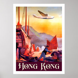 Poster Hong Kong, boats on city port, vintage airline