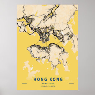 Poster Hong Kong - Carte de la ville jaune Hong Kong
