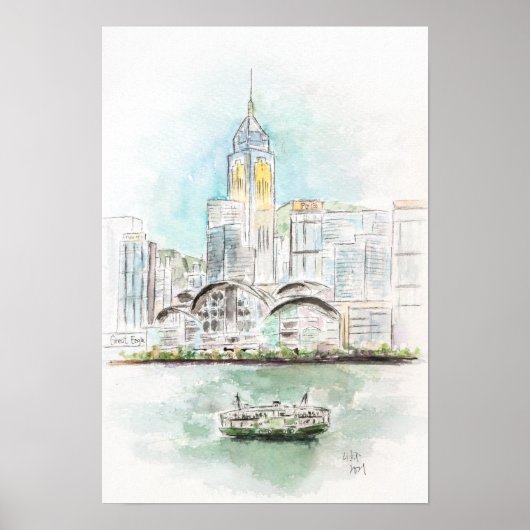 Poster Hong Kong Victoria Harbour 1 encre et aquarelle (Devant)