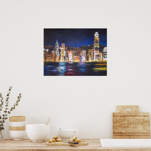 Poster Hong Kong Vitoria Vue de nuit peinture à l'huile (Cuisine)
