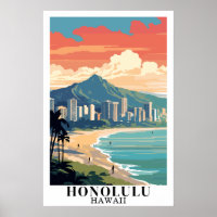 Honolulu Hawaï Art de Voyage Vintage Plage de Waik