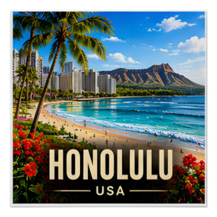 Poster Honolulu Hawaï États-Unis Plage Waikiki Pacifique