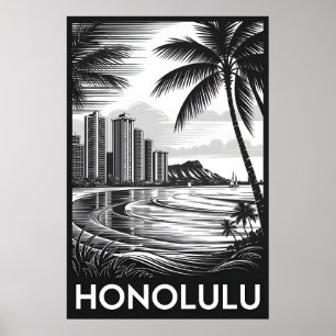Poster Honolulu Hawaï Skyline Noir Blanc Gravure sur Bois