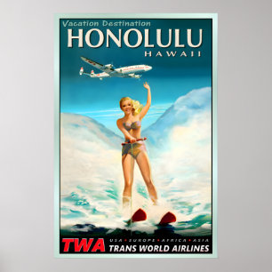 Poster HONOLULU Hawaï TWA Trans World Airlines Pacifique