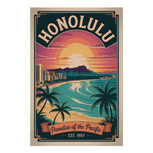 Poster Honolulu Hawaï vintage Paradis du Pacifique