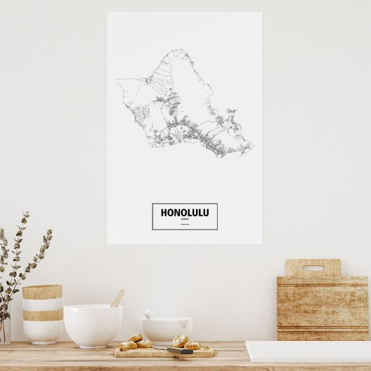 Poster Honolulu, Hawaii (noir sur blanc) (Cuisine)