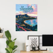 Poster Honolulu Hawaii Oahu Waikiki Beach Diamondhead (Bureau à domicile)