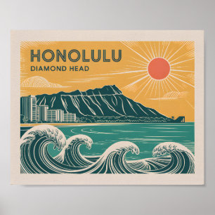 Poster Honolulu Oahu Diamond Head Retro Style Mi-Siècle