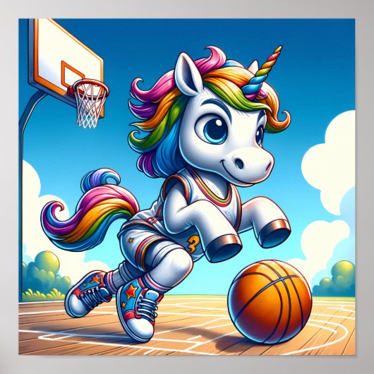 Poster Hoops Dream : Rainbow Unicorn Basketball Star (Devant)