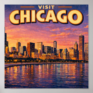 Poster horizon de Chicago et lac Michigan au crépuscule