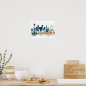 Poster Horizon de Seattle dans des tons d'aquarelle (Cuisine)