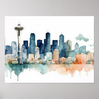 Poster Horizon de Seattle dans des tons d'aquarelle