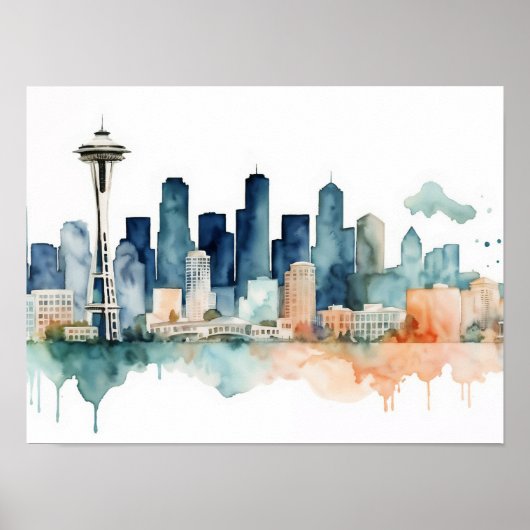 Poster Horizon de Seattle dans des tons d'aquarelle (Devant)