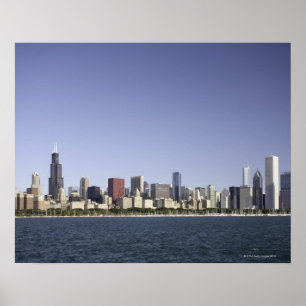 Poster Horizon de ville de Chicago avec le lac Michigan 2