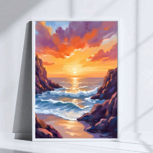 Poster Horizon Doré Aquarelle du Coucher de Soleil Jaun
