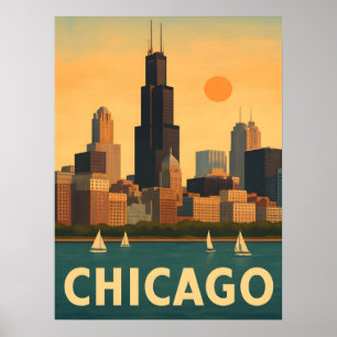 Poster Horizon vintage de Chicago, voilier sur le lac Mic