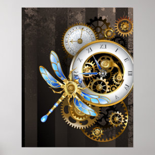 Poster Horloge à vapeur avec libellule mécanique