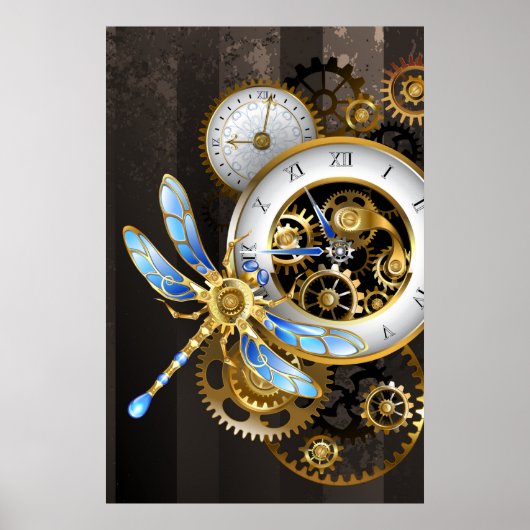 Poster Horloge à vapeur avec libellule mécanique (Devant)