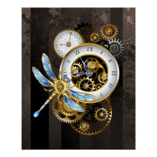 Poster Horloge à vapeur avec libellule mécanique