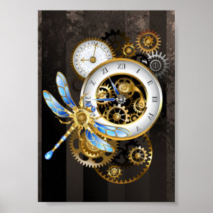 Poster Horloge à vapeur avec libellule mécanique